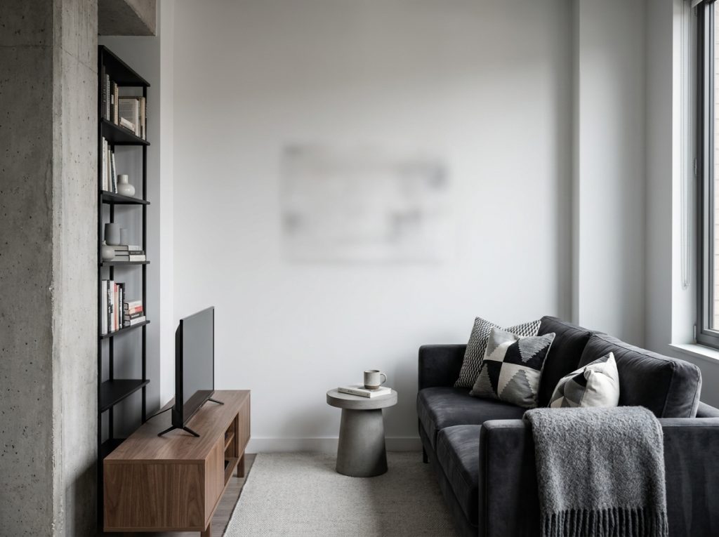 Canapé droit en velours anthracite dans un petit salon urbain avec déco minimaliste et touche industrielle