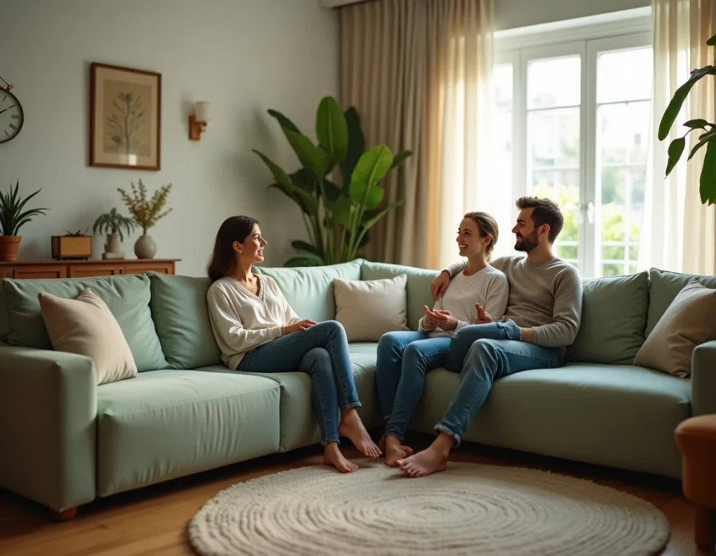 Couple assis sur un grand canapé d'angle vert sauge dans un salon familial chaleureux avec plantes et parquet bois