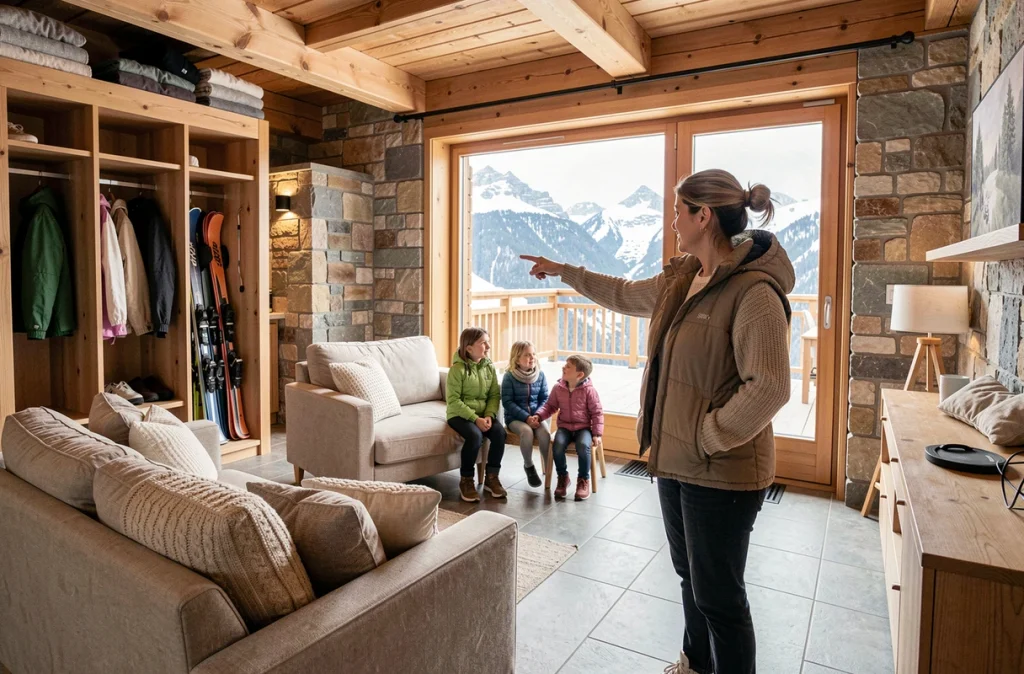 Agent immobilier présentant un appartement de station de ski familiale aux Menuires à des acheteurs potentiels