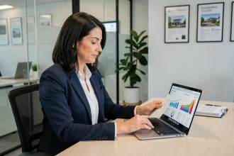 Agent immobilière consultant un outil d'estimation en ligne sur ordinateur dans une agence moderne