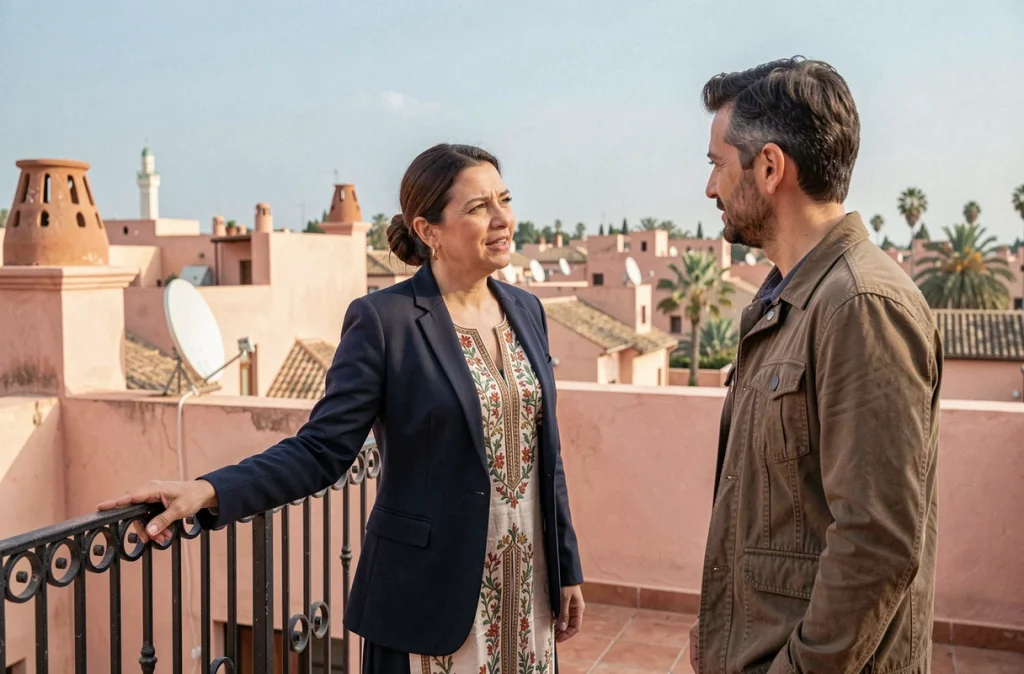 Agente immobilière présentant un riad avec vue panoramique sur la médina de Marrakech à un acheteur européen