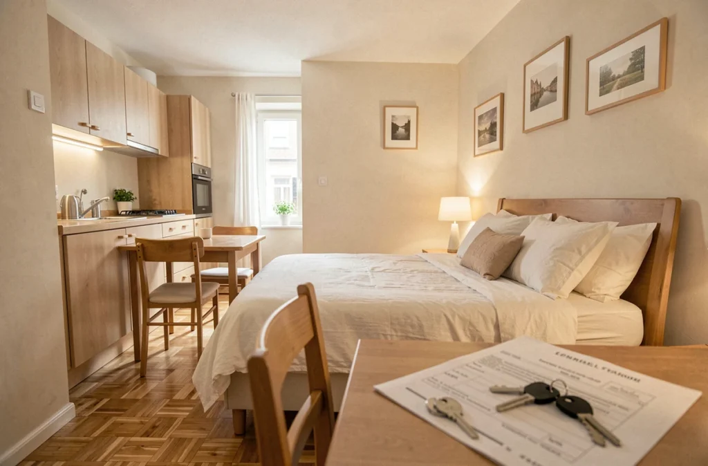 Appartement meublé prêt à la location avec contrat de bail et clés posés sur la table, illustrant la LMNP