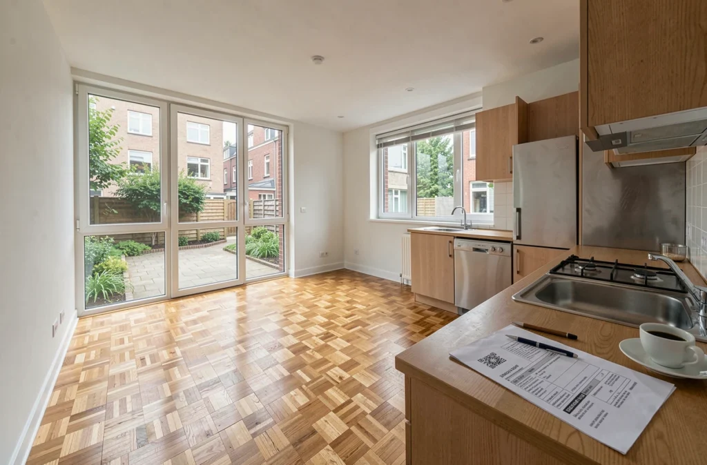 Appartement vide rénové avec des documents de location sur le comptoir illustrant la transformation en bien locatif