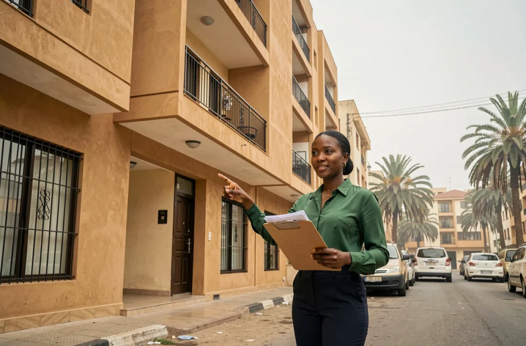 Femme professionnelle tenant des documents devant un immeuble à vendre à Dakar lors d'une visite immobilière