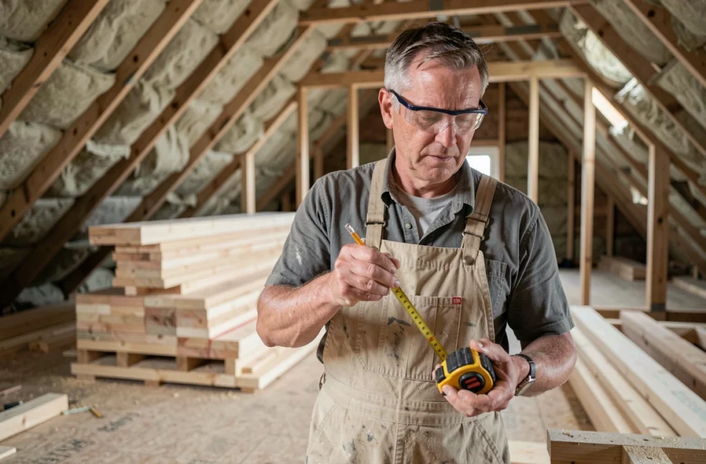 Artisan mesurant des montants en bois lors de l'aménagement de combles en cours de travaux