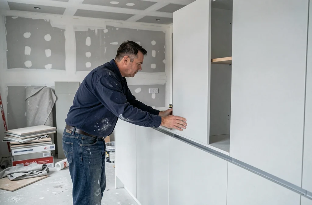 Artisan installant des placards de cuisine modernes sans poignées lors d'une rénovation complète pour augmenter la valeur d'un bien immobilier