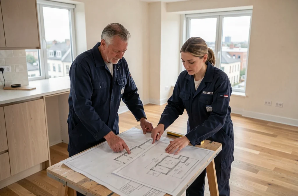 Deux artisans consultant des plans dans un appartement locatif entièrement rénové