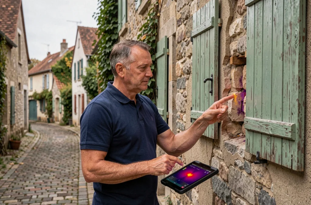 Auditeur énergétique analysant les déperditions thermiques d'une maison ancienne avec une caméra thermique