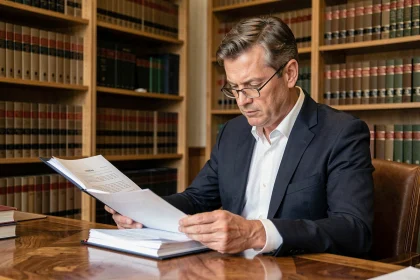 Avocat consultant un dossier juridique de référé préventif dans un cabinet de droit français