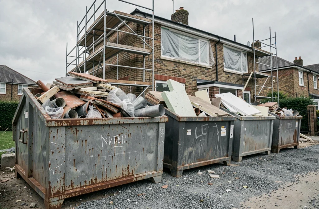 Rangée de bennes à déchets remplies de matériaux de construction devant une maison en cours de rénovation