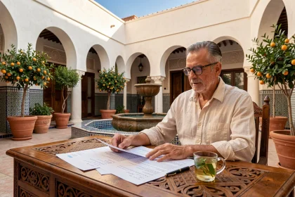 Homme consultant des documents immobiliers dans la cour d'un riad traditionnel de Marrakech avec fontaine en zellige