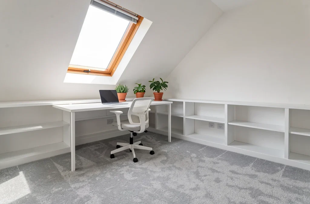 Bureau aménagé sous les combles avec fenêtre de toit et rangements intégrés sous les rampants