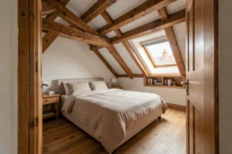 Chambre aménagée dans les combles avec poutres en bois apparentes et fenêtre de toit