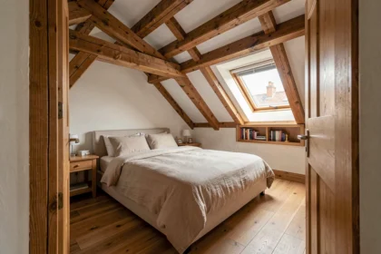 Chambre aménagée dans les combles avec poutres en bois apparentes et fenêtre de toit