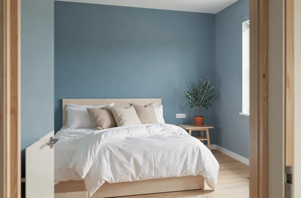 Chambre moderne aux murs bleu doux fraîchement peints avec mobilier scandinave en bois clair