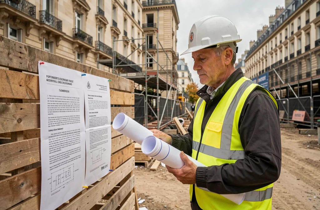 Ingénieur sur chantier consultant un avis de référé préventif affiché sur une palissade de construction à Paris