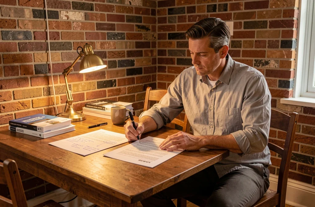 Homme comparant un document Word éditable et un PDF figé imprimés côte à côte sur une table de travail à domicile