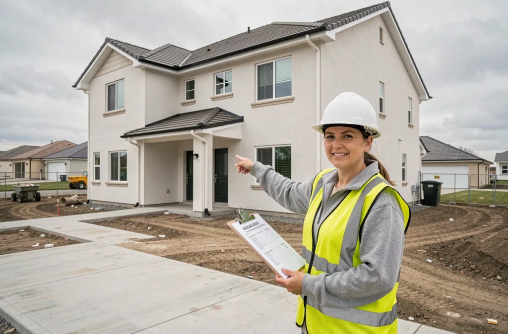 Conductrice de travaux devant une maison neuve terminée tenant un dossier de fin de chantier