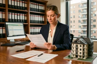 Conseillère en gestion de patrimoine analysant des documents de défiscalisation immobilière dans un bureau professionnel