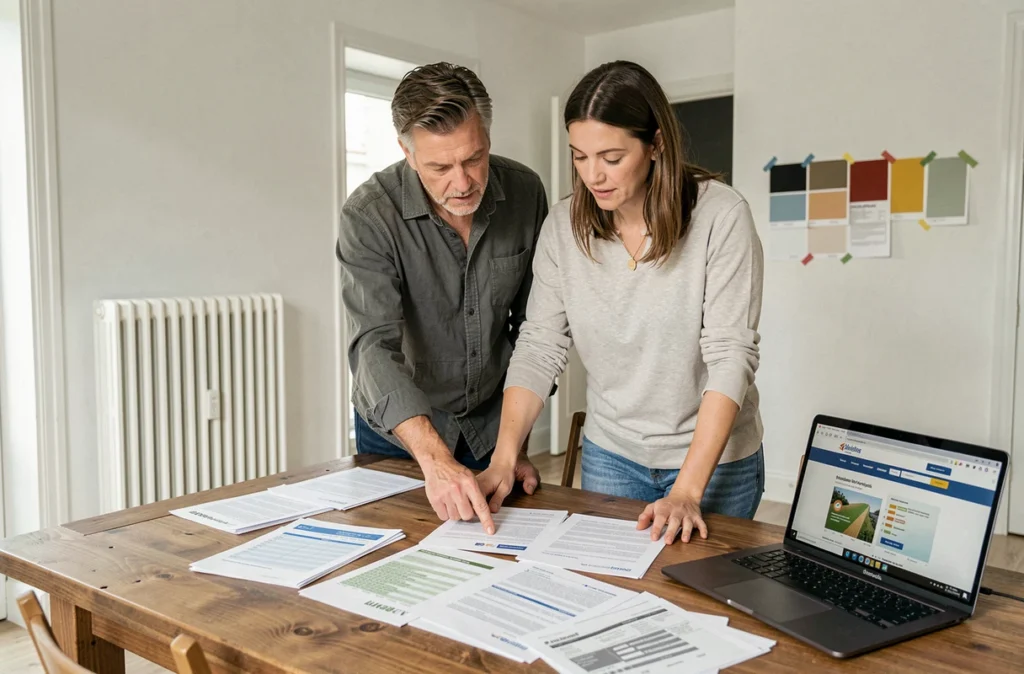 Couple étudiant les documents de rénovation énergétique et les formulaires de crédit d'impôt à domicile