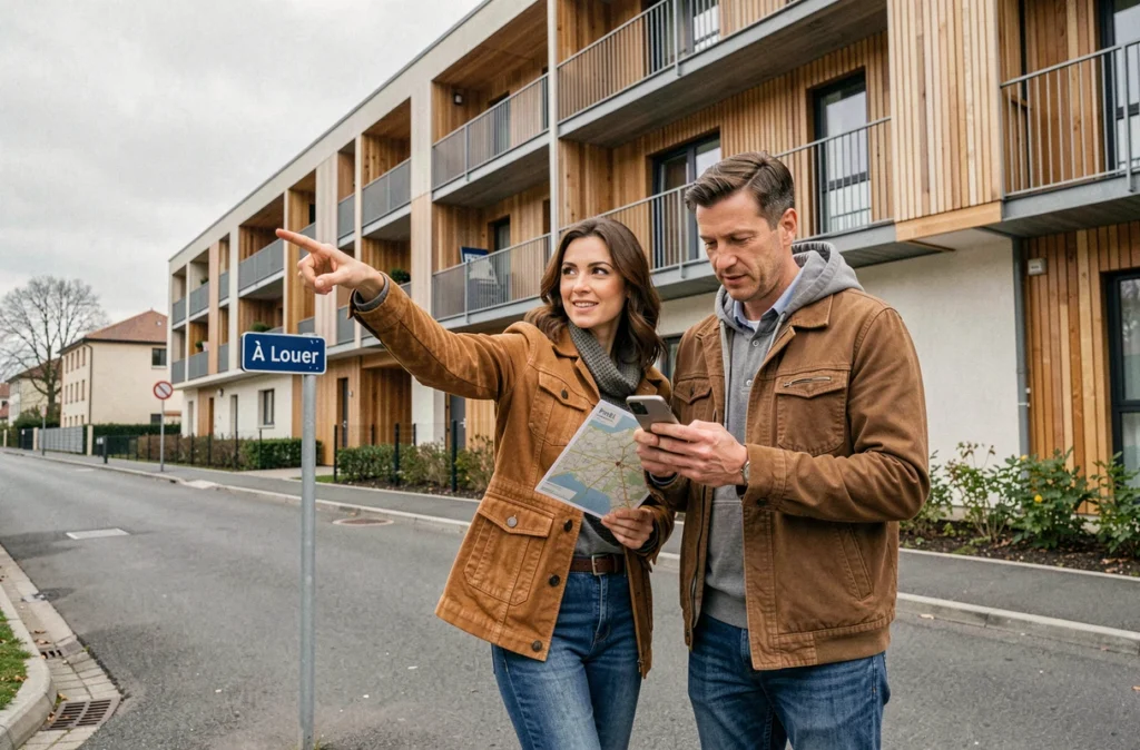 Couple de futurs investisseurs devant un immeuble neuf éligible Pinel dans un quartier résidentiel de Bordeaux