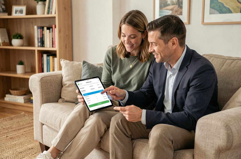 Couple de locataires consultant ensemble le détail de leurs charges et loyers sur MyFoncia via une tablette