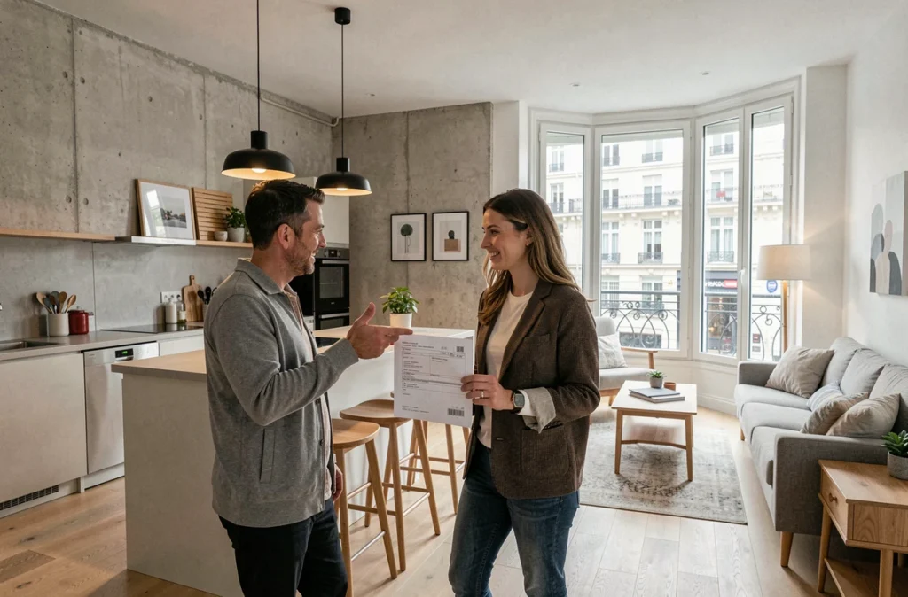 Couple visitant un appartement meublé en vue d'un investissement locatif sous statut LMNP