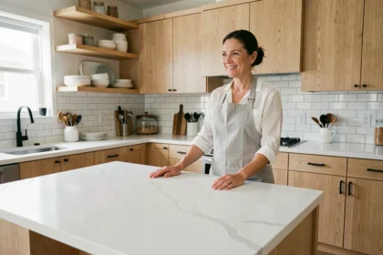 Cuisine rénovée avec îlot central en quartz blanc, placards en chêne clair et crédence en carrelage métro pour valoriser un bien immobilier