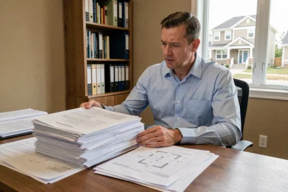Propriétaire vérifiant les documents administratifs pour une déclaration de fin de chantier à son bureau