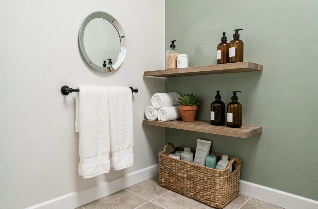 Étagères et accessoires décoratifs pour moderniser une salle de bains sans travaux ni perçage