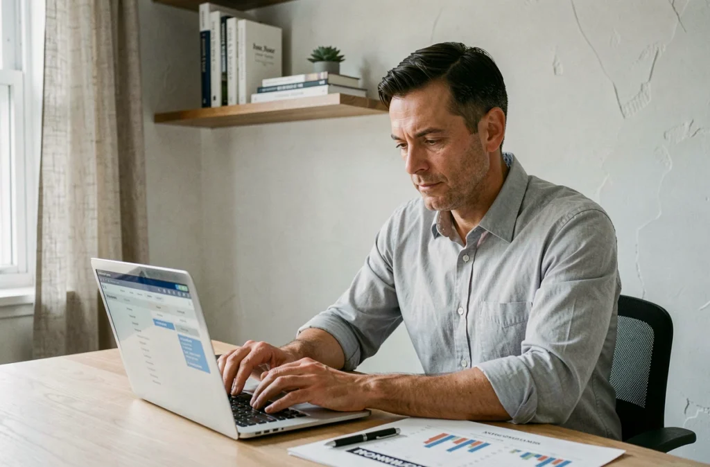 Homme analysant une stratégie de défiscalisation en nue-propriété sur ordinateur à domicile