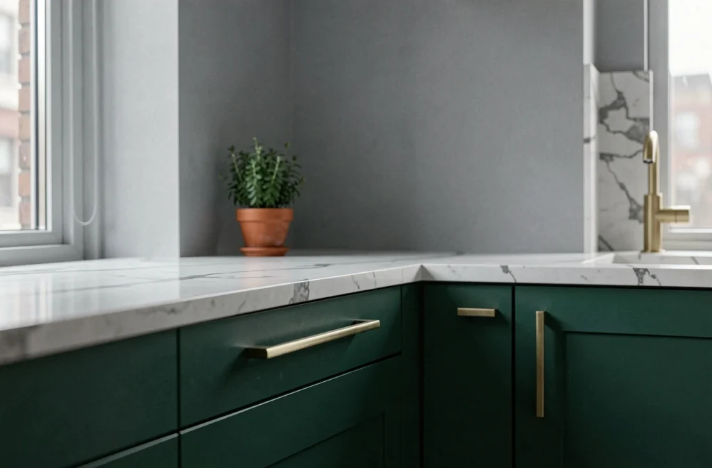 Détail de placards de cuisine vert forêt avec poignées en laiton brossé et plan de travail en marbre Carrara pour une rénovation haut de gamme