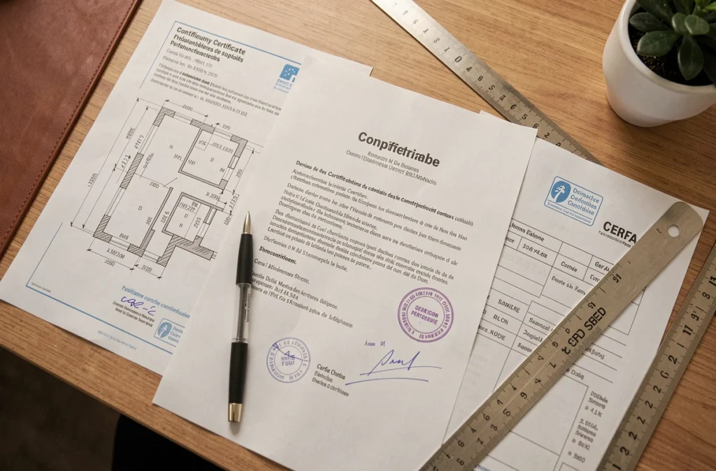 Dossier de déclaration de fin de chantier avec formulaires Cerfa et plans architecturaux sur un bureau