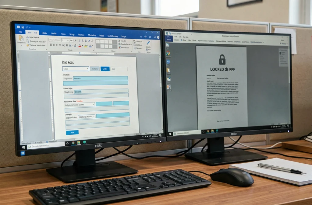 Comparaison visuelle entre un modèle Word éditable et un PDF verrouillé d'un pré-état daté affiché sur deux écrans d'ordinateur