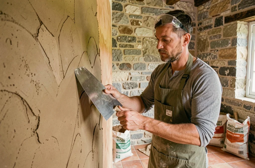 Artisan appliquant un enduit en argile naturelle sur un mur en pierre lors d'une rénovation écologique