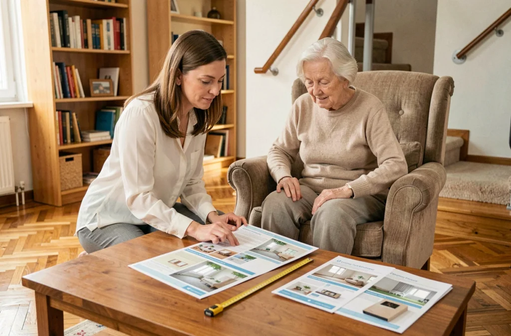 Ergothérapeute conseillant une personne âgée sur les solutions d'adaptation du logement pour seniors dans un salon avec monte-escalier