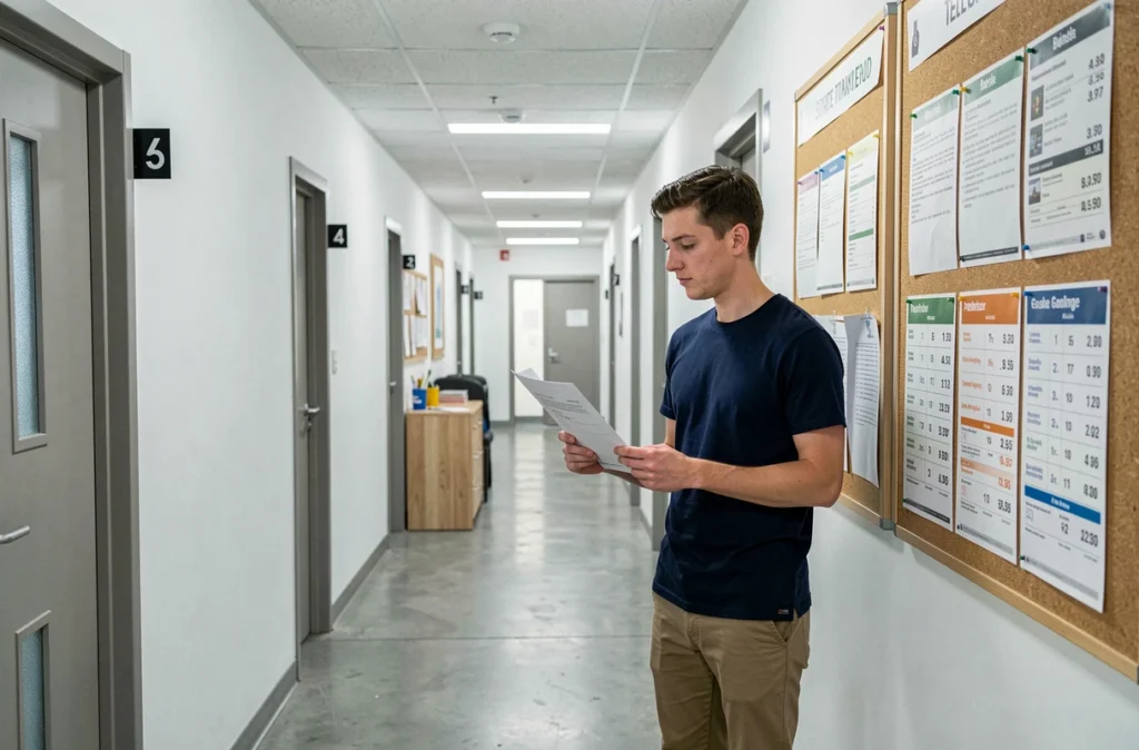 Jeune étudiant consultant des informations sur les prix d'une résidence étudiante dans un couloir moderne