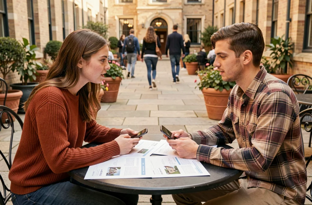 Deux étudiants comparant les options de logement Nidost et résidence classique autour d'une table sur un campus universitaire