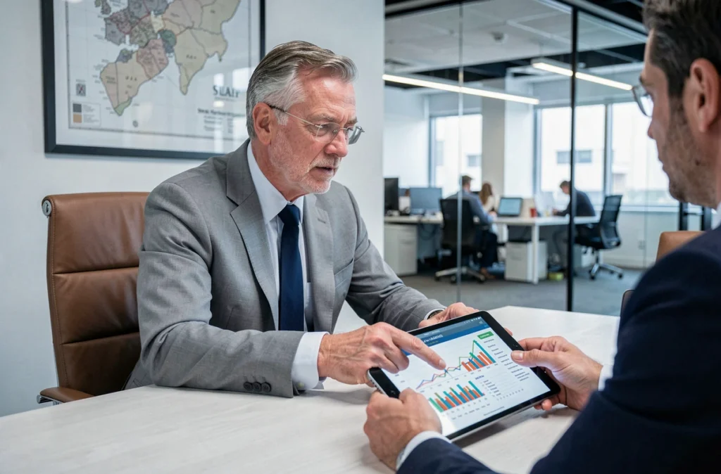 Expert-comptable présentant une simulation fiscale pour le statut de loueur en meublé professionnel à un client
