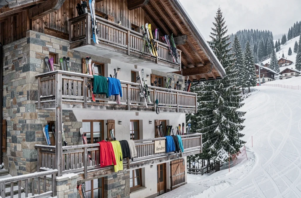 Façade d'immeuble résidentiel à vendre dans la station familiale des Menuires avec vue sur les pistes enneigées