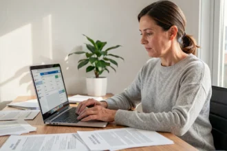 Femme consultant son espace client MyFoncia sur un ordinateur portable pour suivre ses loyers et charges