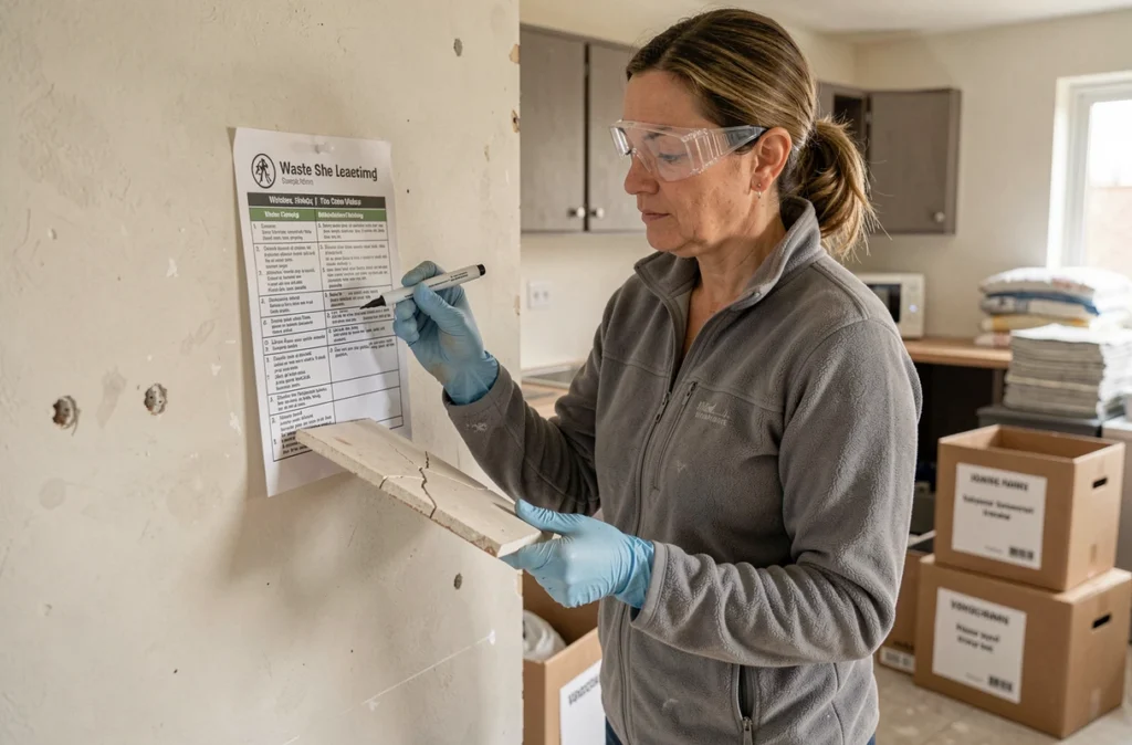 Femme consultant un guide de tri des déchets lors de travaux de rénovation dans une cuisine en cours de démolition