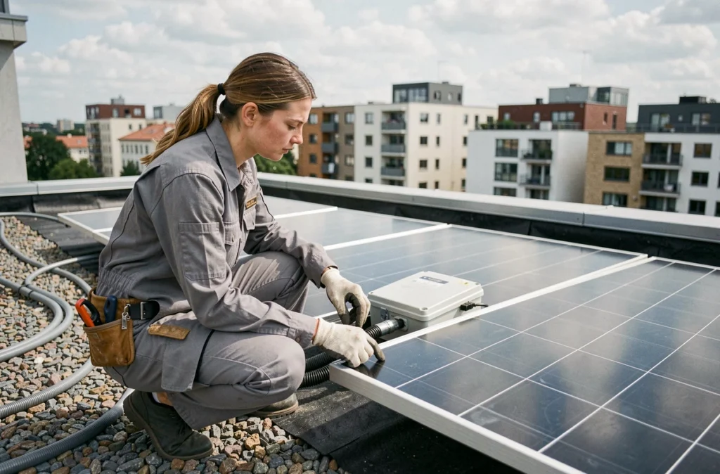 Technicienne vérifiant l'installation de panneaux solaires photovoltaïques sur le toit d'une copropriété en rénovation énergétique