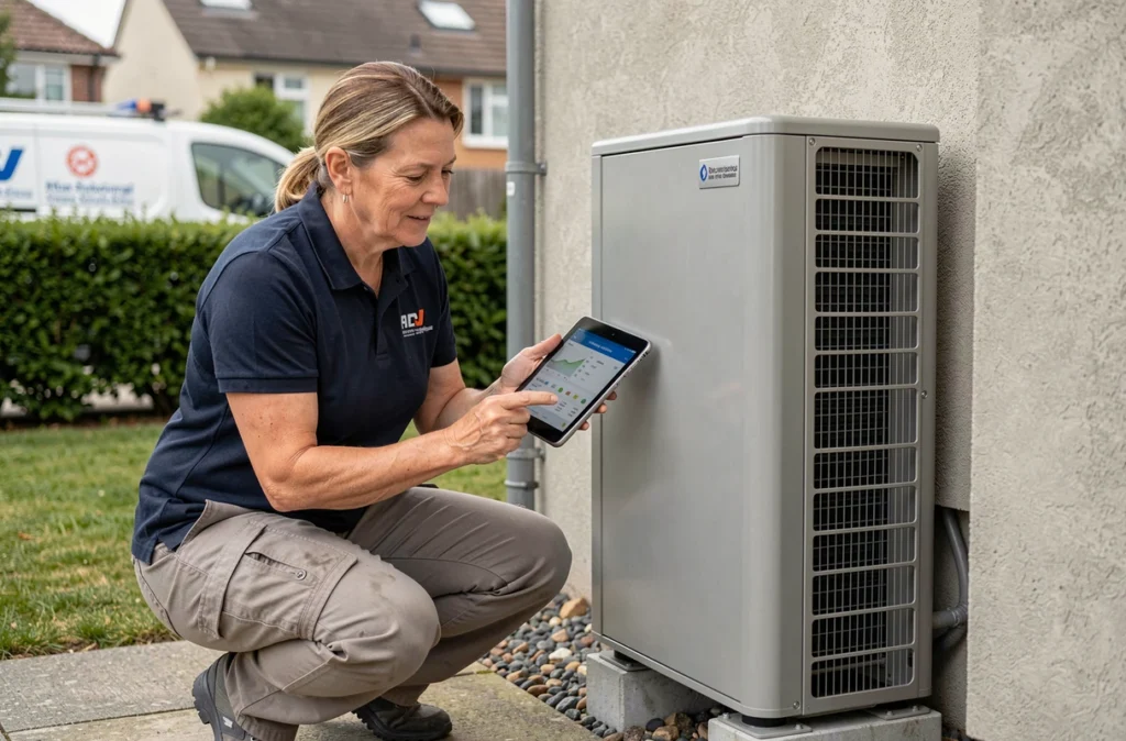 Technicienne installant une pompe à chaleur sur la façade d'une maison lors d'une rénovation énergétique
