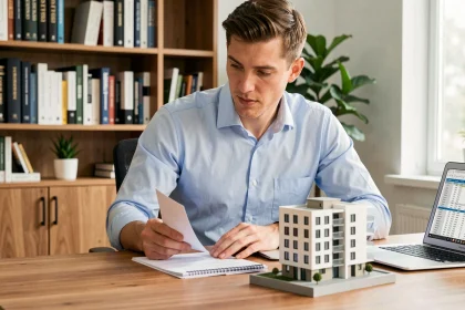 Investisseur débutant en immobilier étudiant des documents et une maquette d'appartement dans un bureau moderne