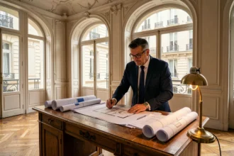 Investisseur étudiant des documents financiers dans un appartement haussmannien classé monument historique à Paris