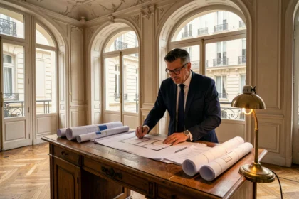 Investisseur étudiant des documents financiers dans un appartement haussmannien classé monument historique à Paris