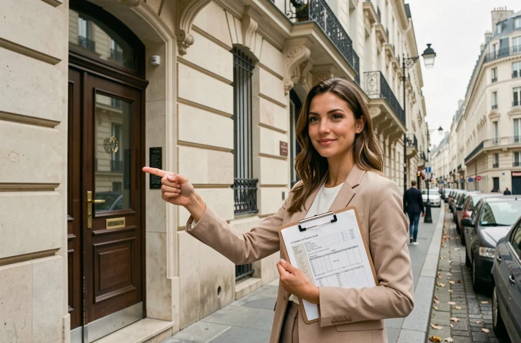 Femme investisseuse immobilière évaluant un immeuble résidentiel haussmannien dans une rue parisienne