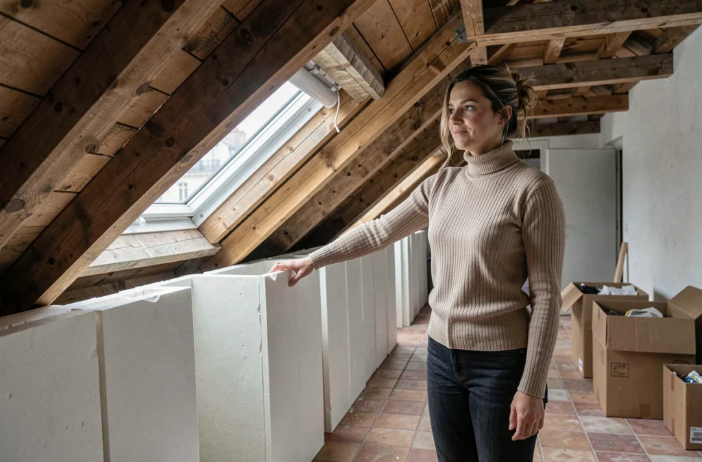 Femme inspectant l'isolation thermique sous les combles d'un appartement haussmannien ancien