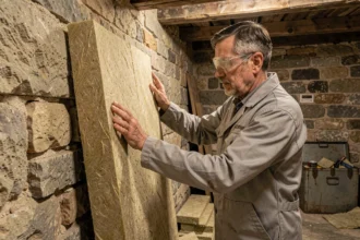 Artisan posant des panneaux de laine minérale sur un vieux mur en pierre pour isoler un logement ancien